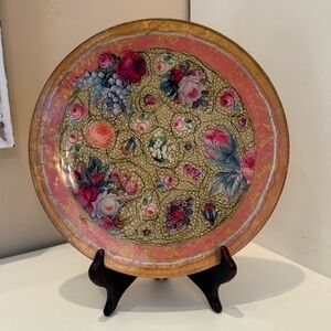 Vintage Hand Painted Decoupage Floral Plate Signed S Ward 1992 Folk Art